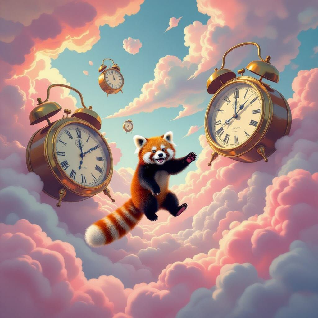 Surreal Dreamscape: Floating Clocks and Red Panda in Candy C...