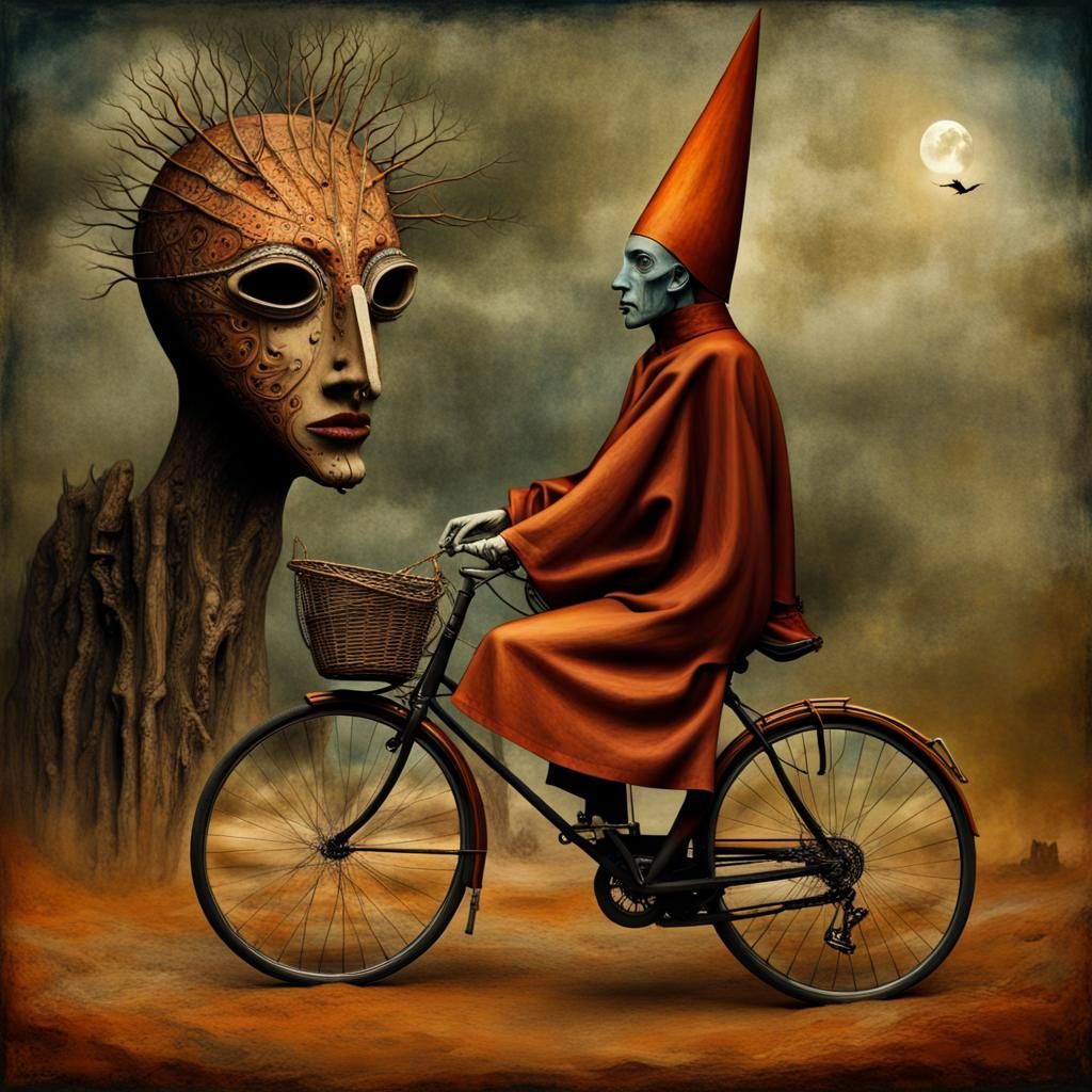 Surreal Dreamscape with Bicycle, Hyperdetailed Dark Fantasy