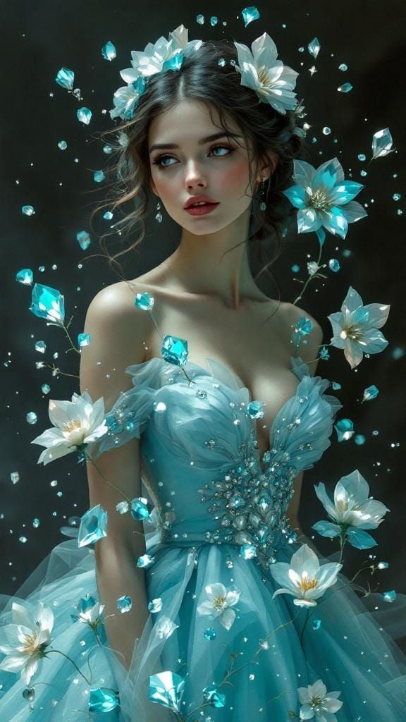 Elegant Girl with Crystal Flowers in Art Nouveau Style