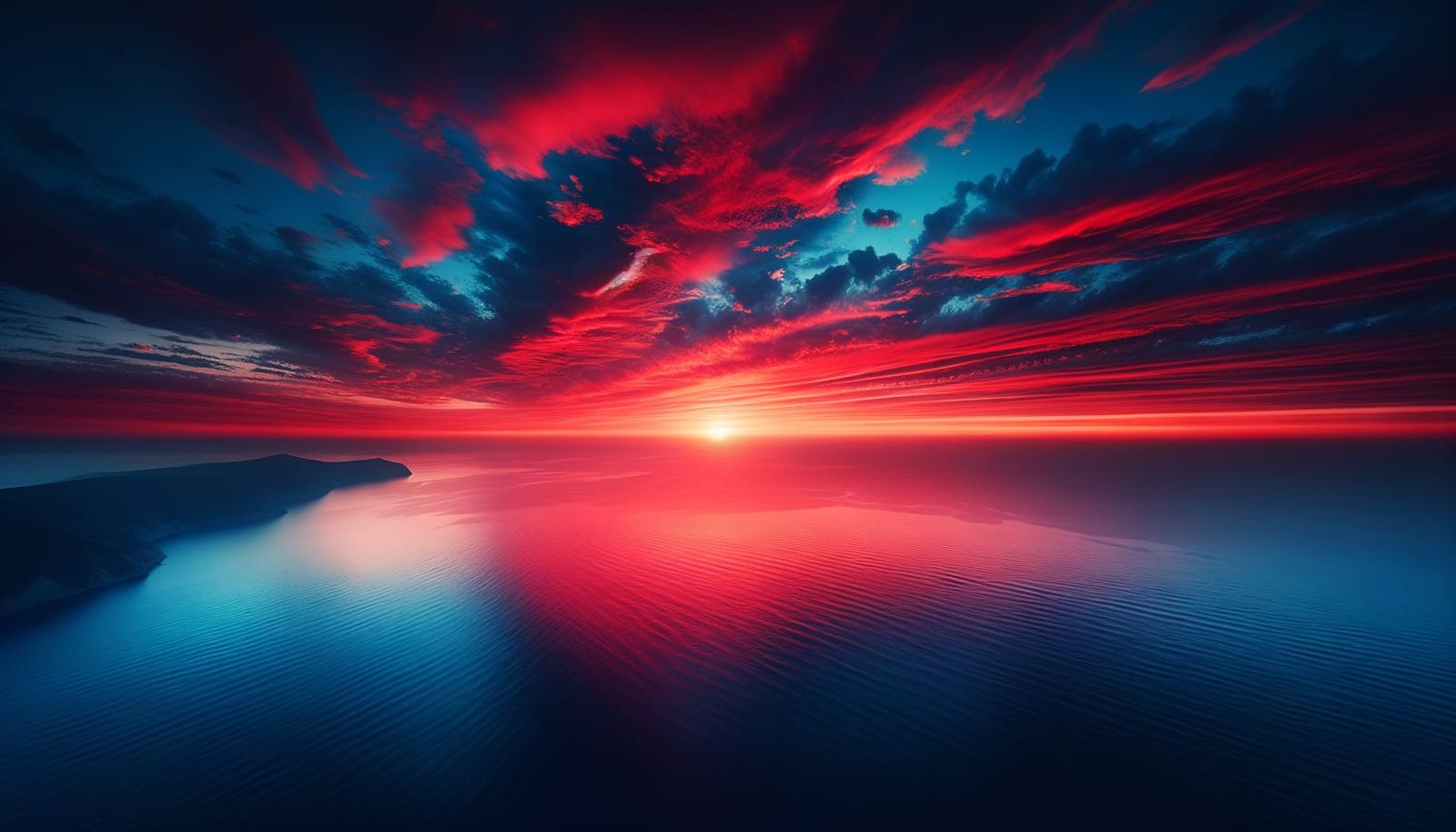Surreal Dawn Landscape with Fiery Sky and Calm Sea