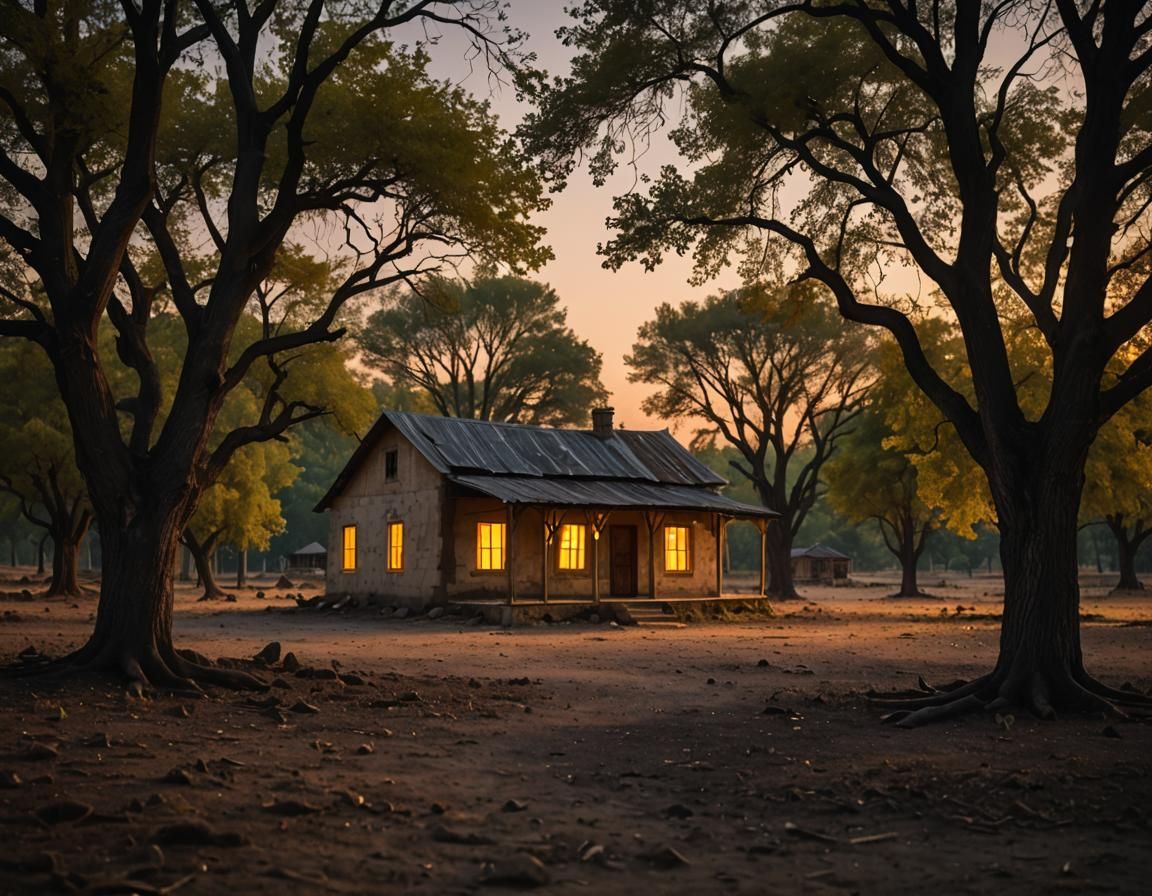 Quiet Nocturnal Settlement in Moody Landscape Photography