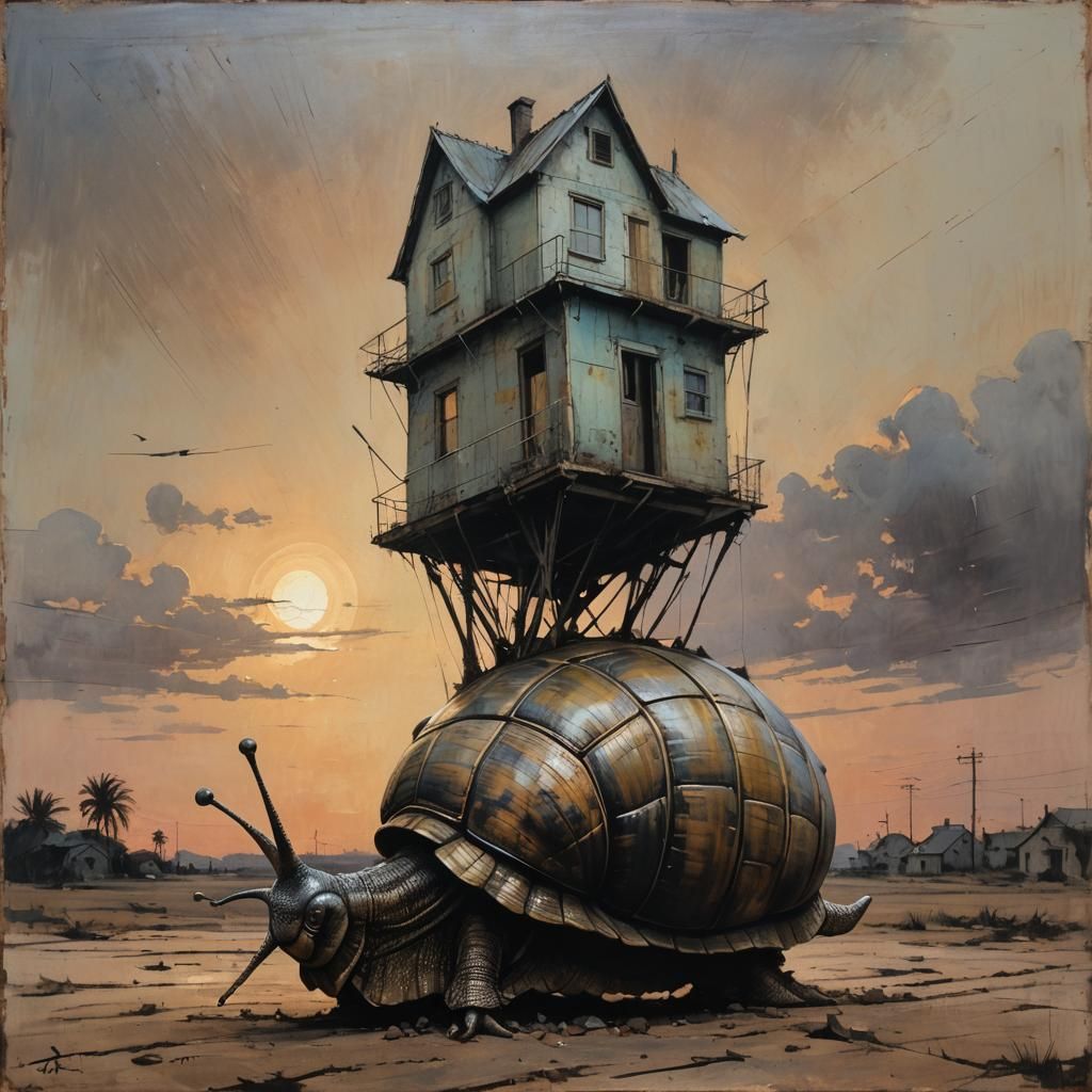Metal Snail Transports House at Sunset