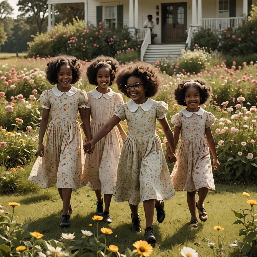 African American Girls in Flower Field, Vintage Film Still
