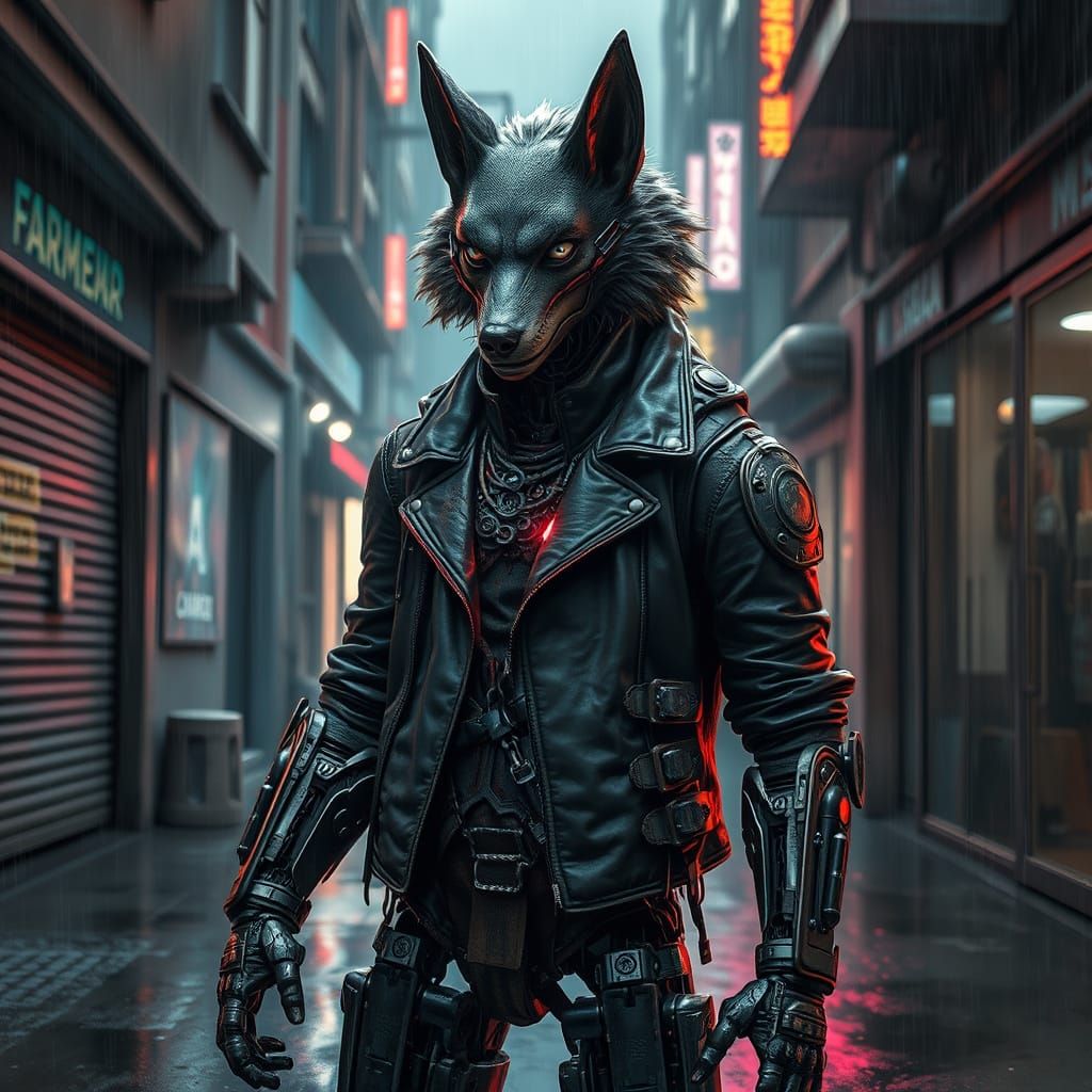 Cyberpunk Robot in Rain-Soaked Alleyway