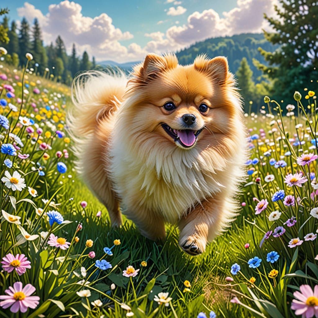 Vibrant Whimsical Pomeranian in Springtime Meadow