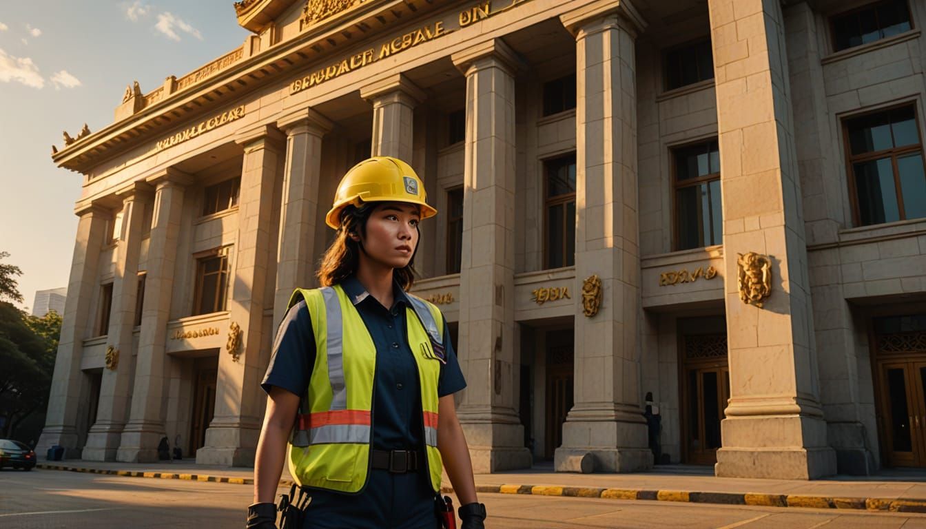 Heroic Rescue Worker in Vibrant Thai Government Architecture