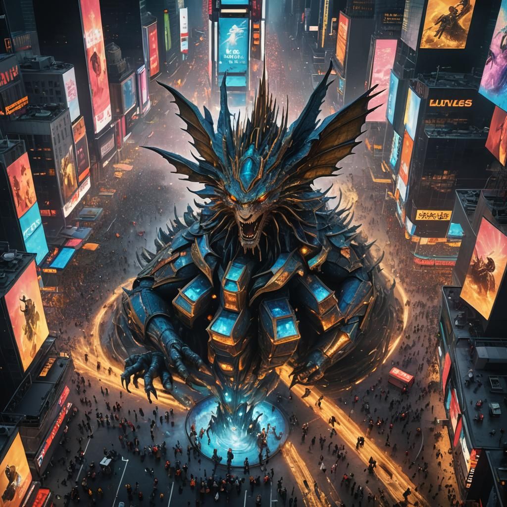 Fantasy Battle in Times Square: Vibrant Concept Art