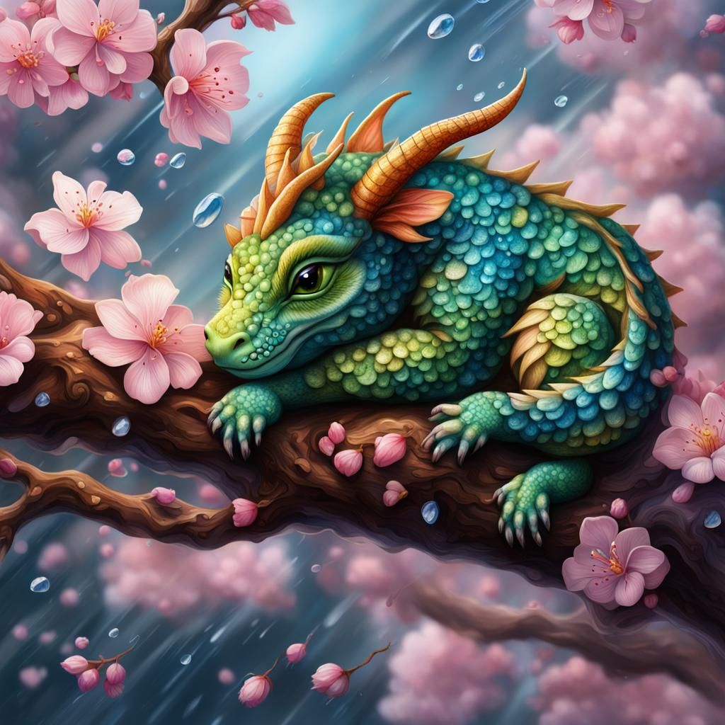 Adorable Dragon Portrait on Cherry Blossom Branch