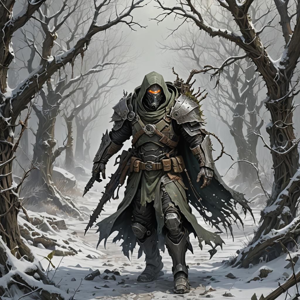 Snowy Rebel Striding Through Ruined Cityscape