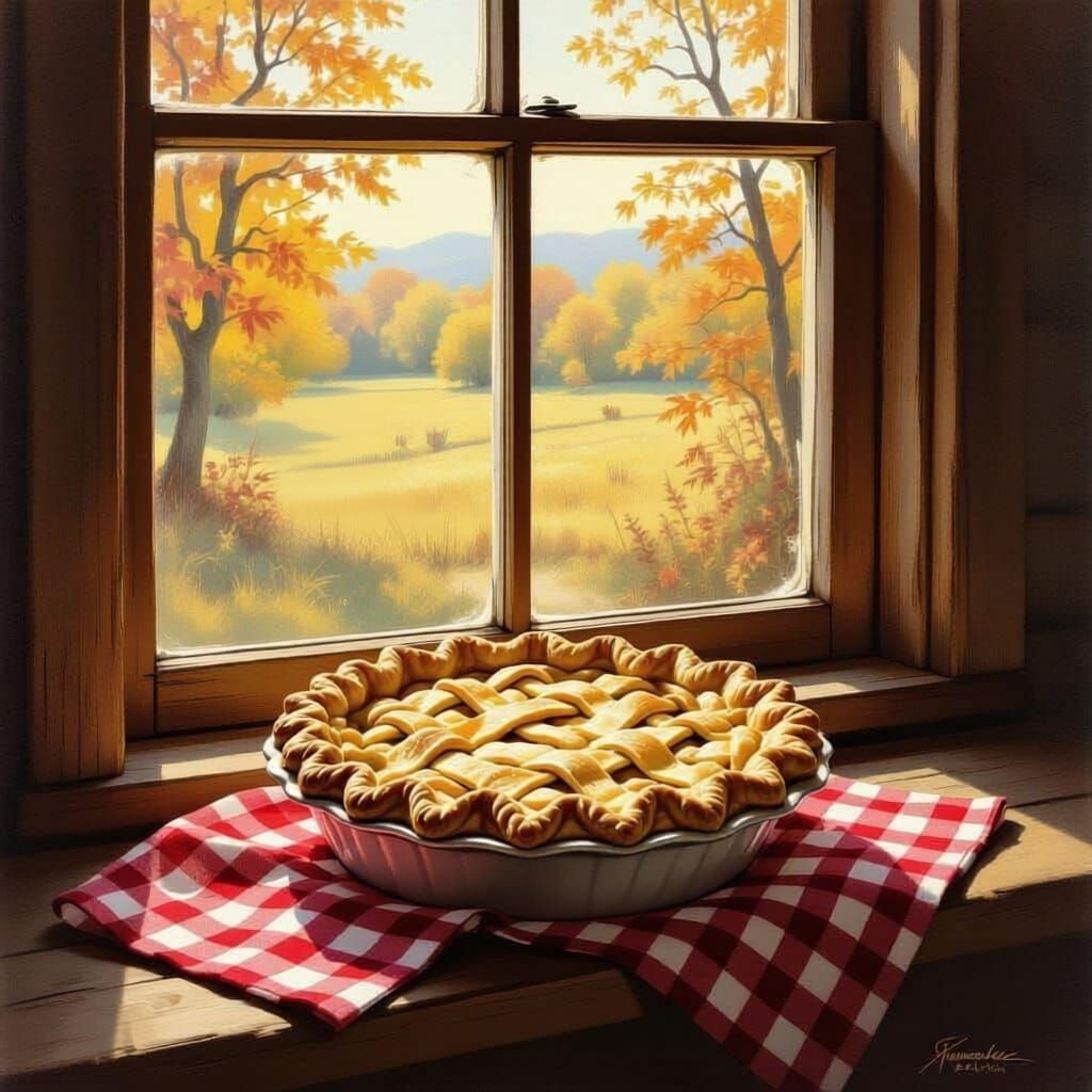 Apple Pie Cooling on Windowsill in Norman Rockwell Style