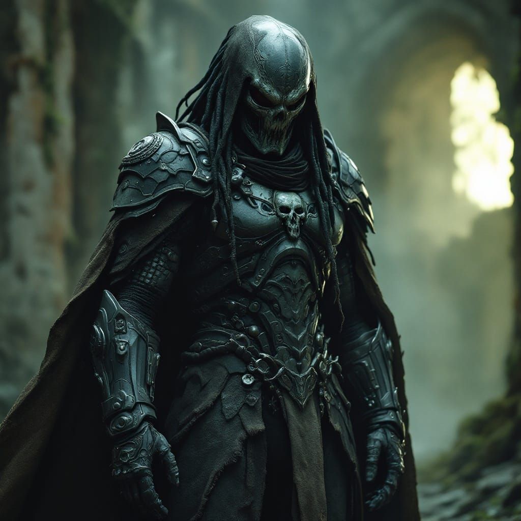 Grim Cyberpunk Predator in Battle-Scarred Power Armor