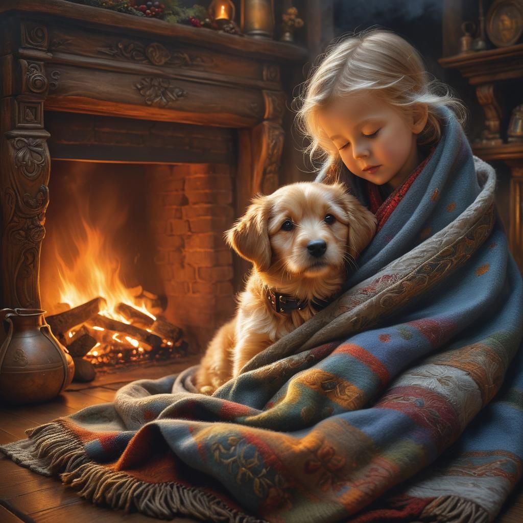 Toddler and Dog by Fireplace, Warm Photography