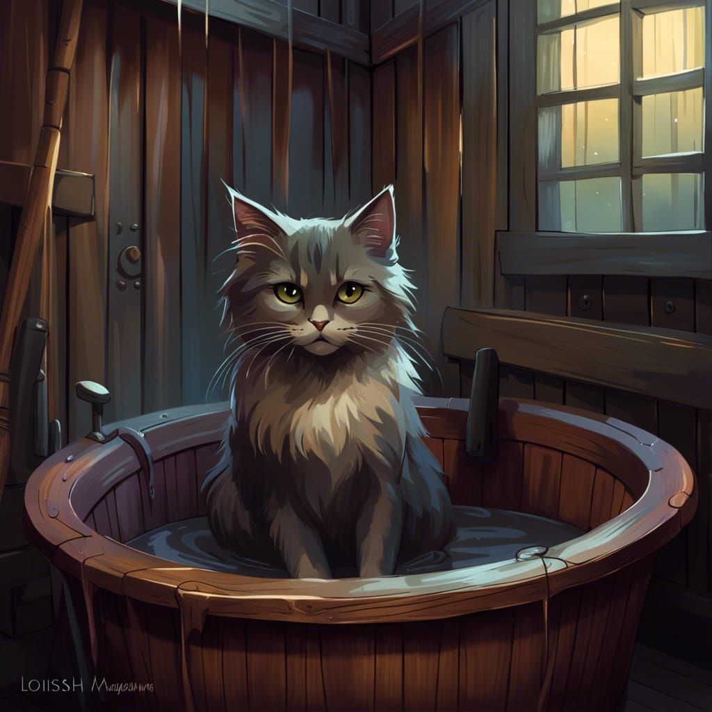 Unhappy Wet Cat in Wooden Bath