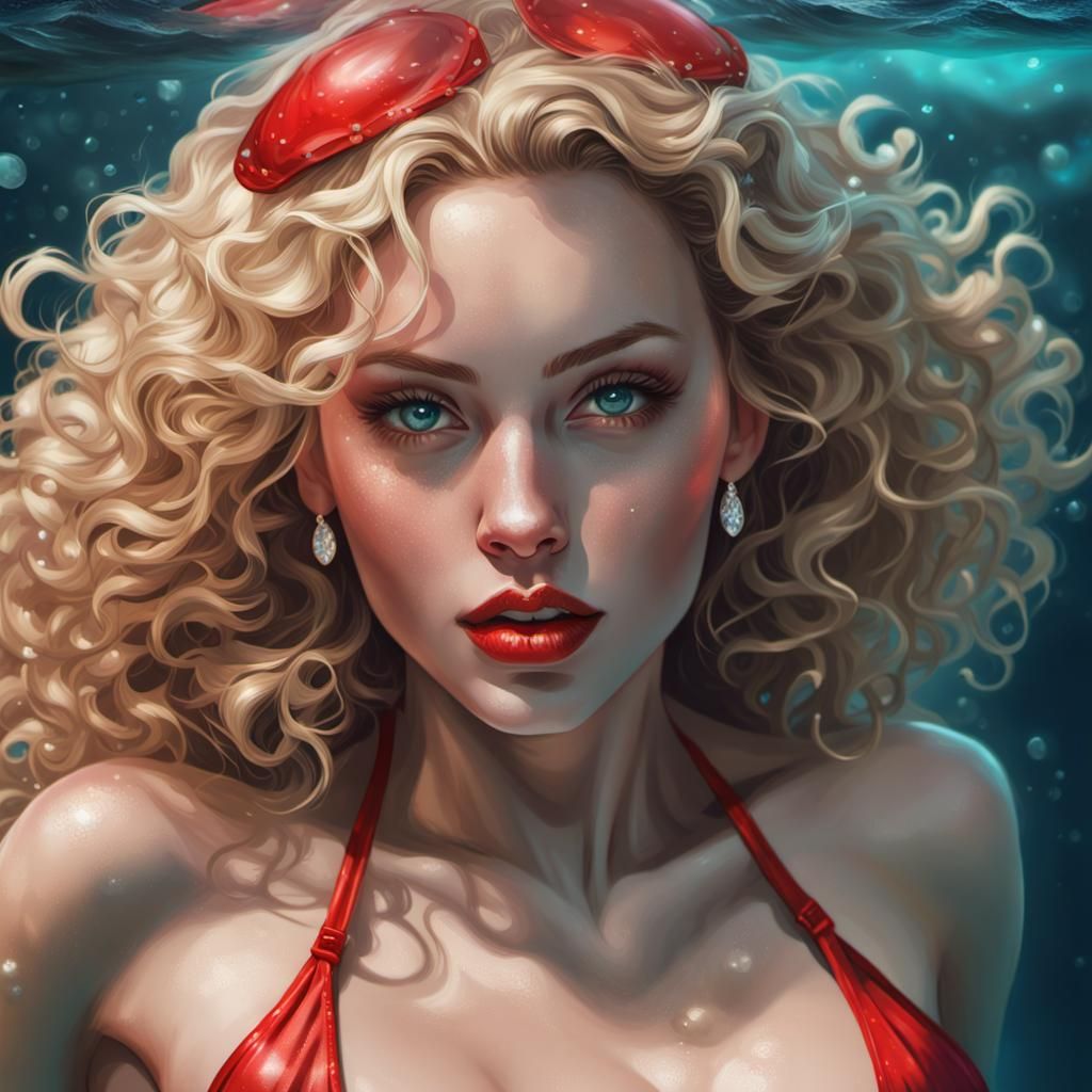 Blonde Woman with Red Bikini Under the Sea