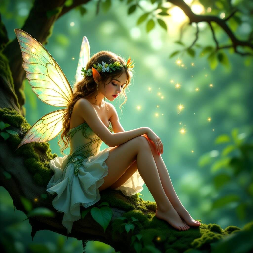 Enchanting Nymph in Leaf with Magic Glitters