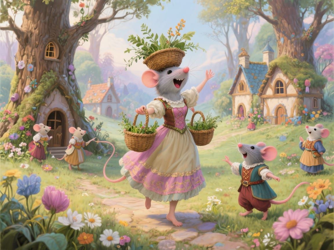 Medieval Mouse Village in Pastel Airbrush Art
