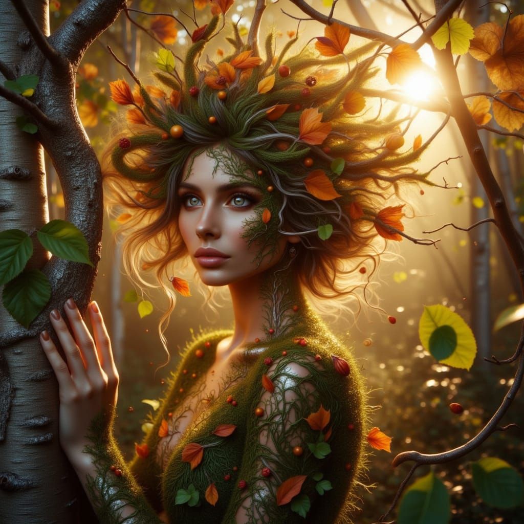 Birch Dryad in Sun-Dappled Forest