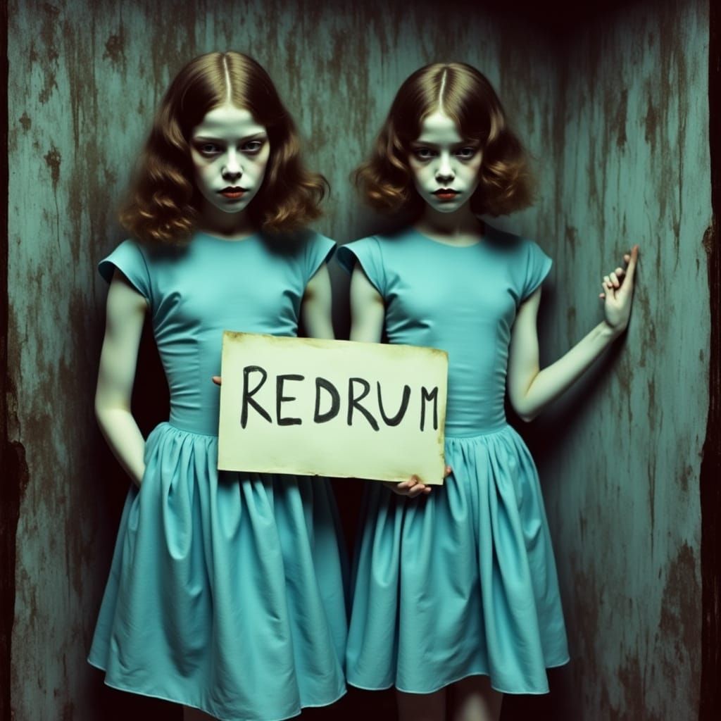 Eerie Twins with REDRUM Sign, Film Still