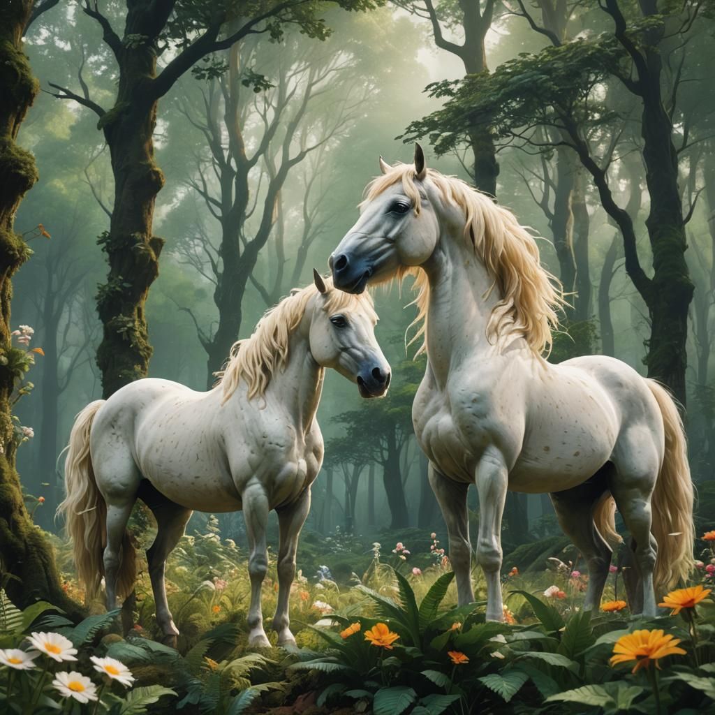 Cream Horses in Mystical Forest: Fantasy Concept Art