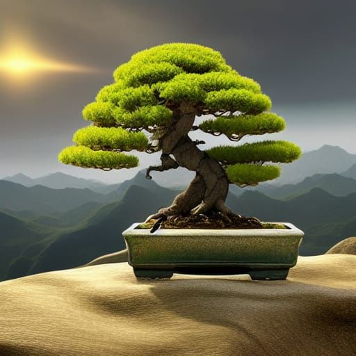 Bonsai Tree on Windy Mountain: Dramatic Digital Painting