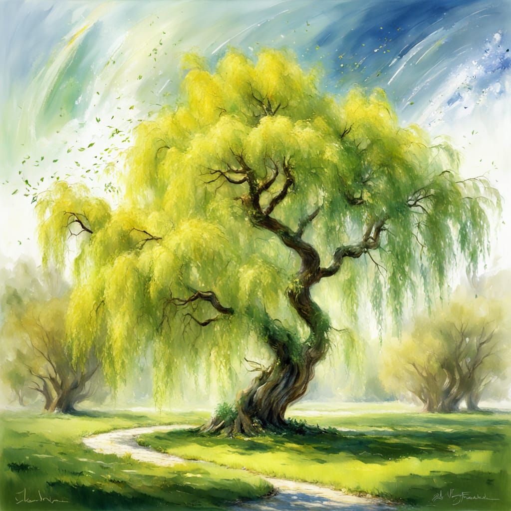 Majestic Willow Tree Winding in Sunny Spring Garden