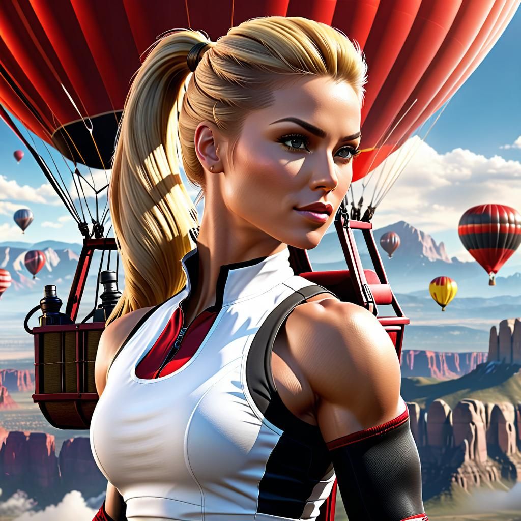Sonya Blade preparing to get on a hot air balloon in Colorado Springs