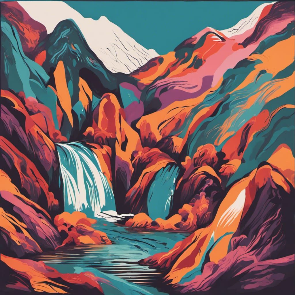 Abstract Waterfall and Mountains in Complementary Colors