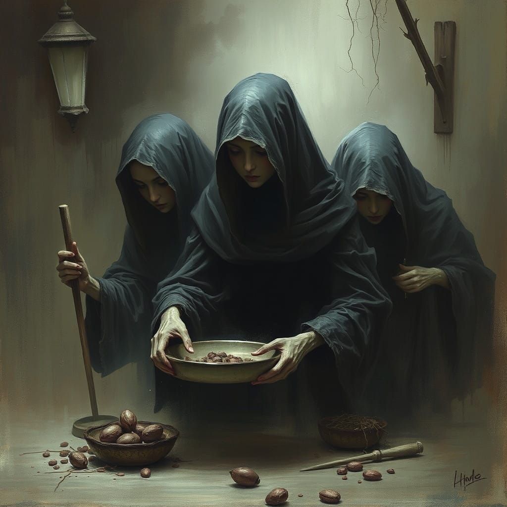 Soot Covered Girl Serving Sinister Hags in Dark Fantasy Art