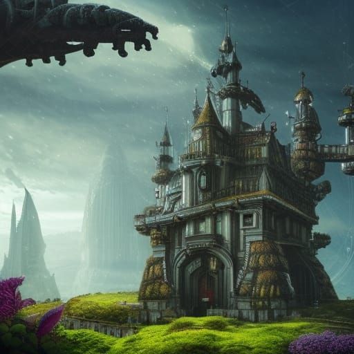 Steampunk Castle with Alien Plants: Digital Matte Painting