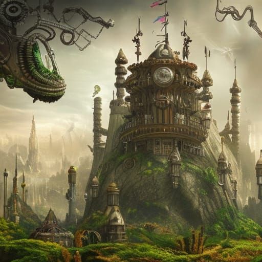 Futuristic Steampunk Castle with Alien Surroundings