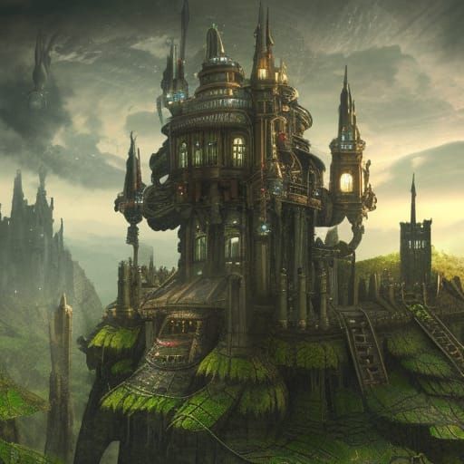 Futuristic Steampunk Castle with Alien Surroundings