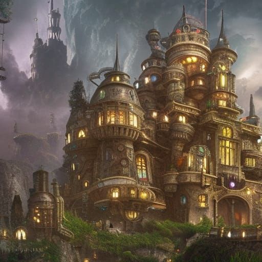 Futuristic Steampunk Castle with Alien Plants