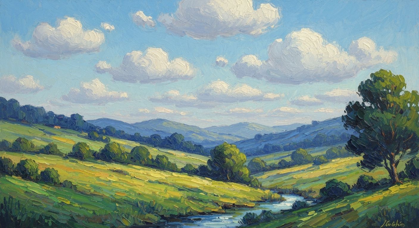 Impressionist Landscape with Rolling Hills and Blue Sky