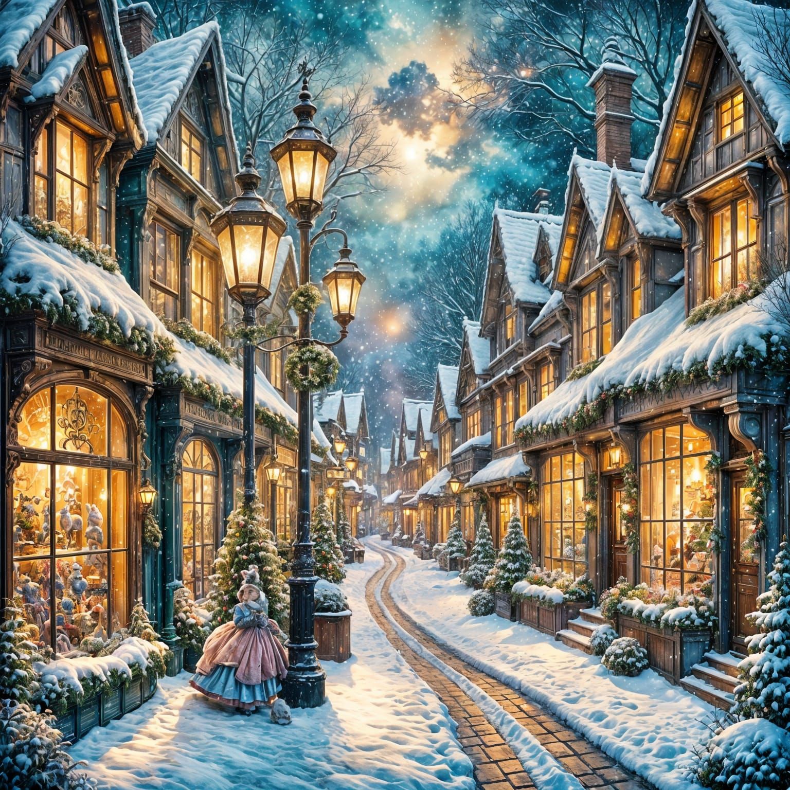 Dickensian Street in Snow with Enchanted Lamp