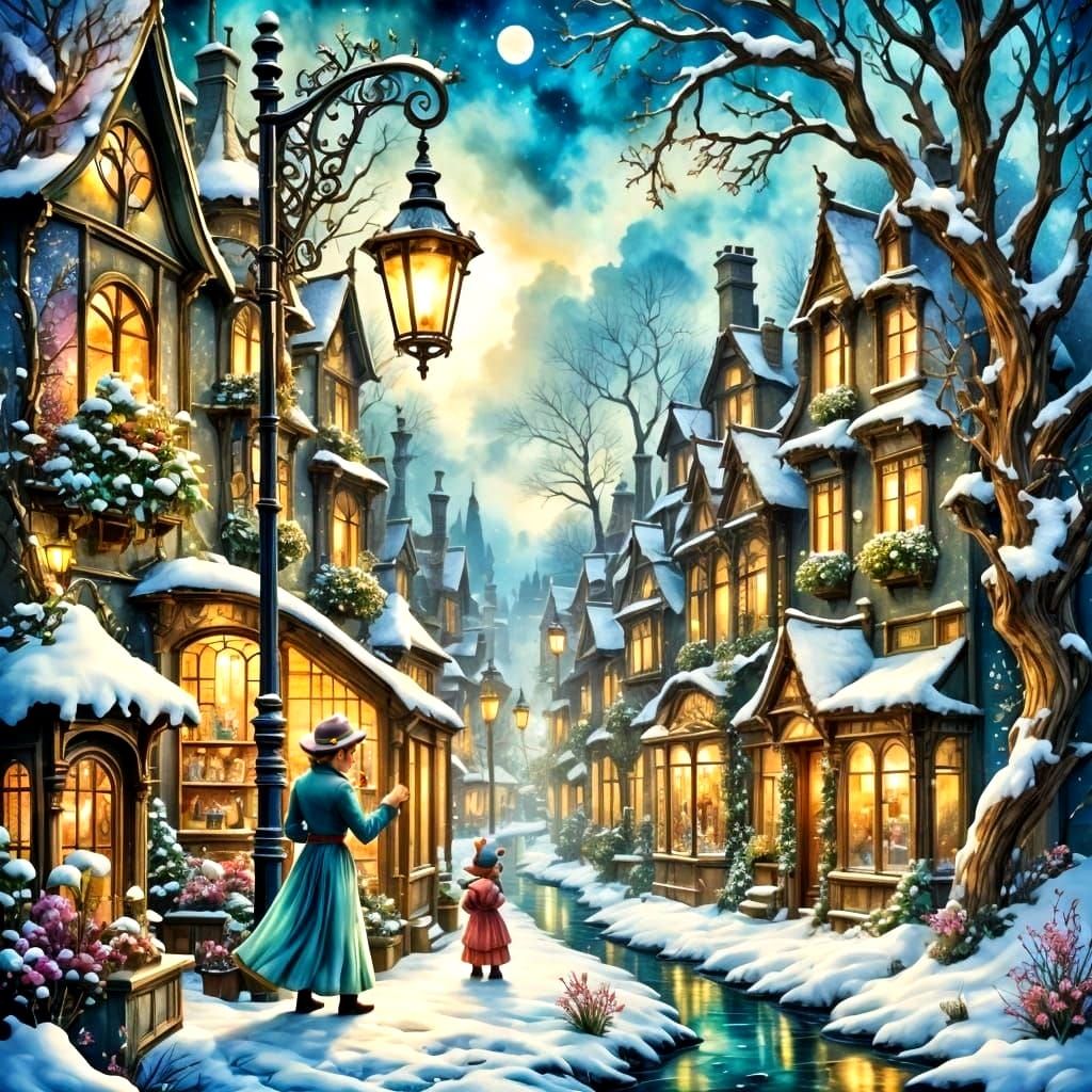 Dickensian Snowy Street with Enchanted Lamp