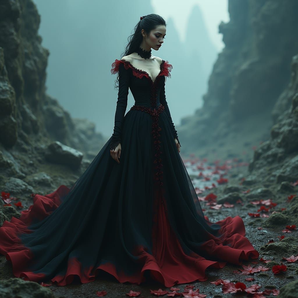 Mystical Vampire Woman in Dark Fantasy Landscape