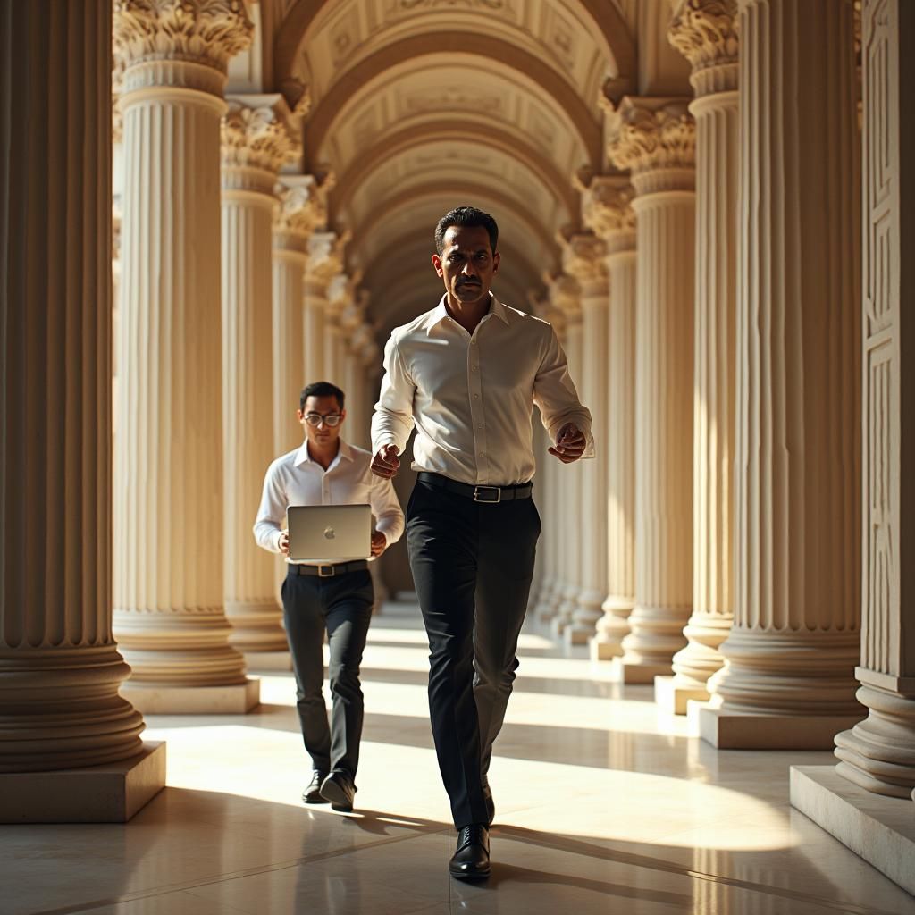 Indian Businessman Striding Down Ornate Hallway