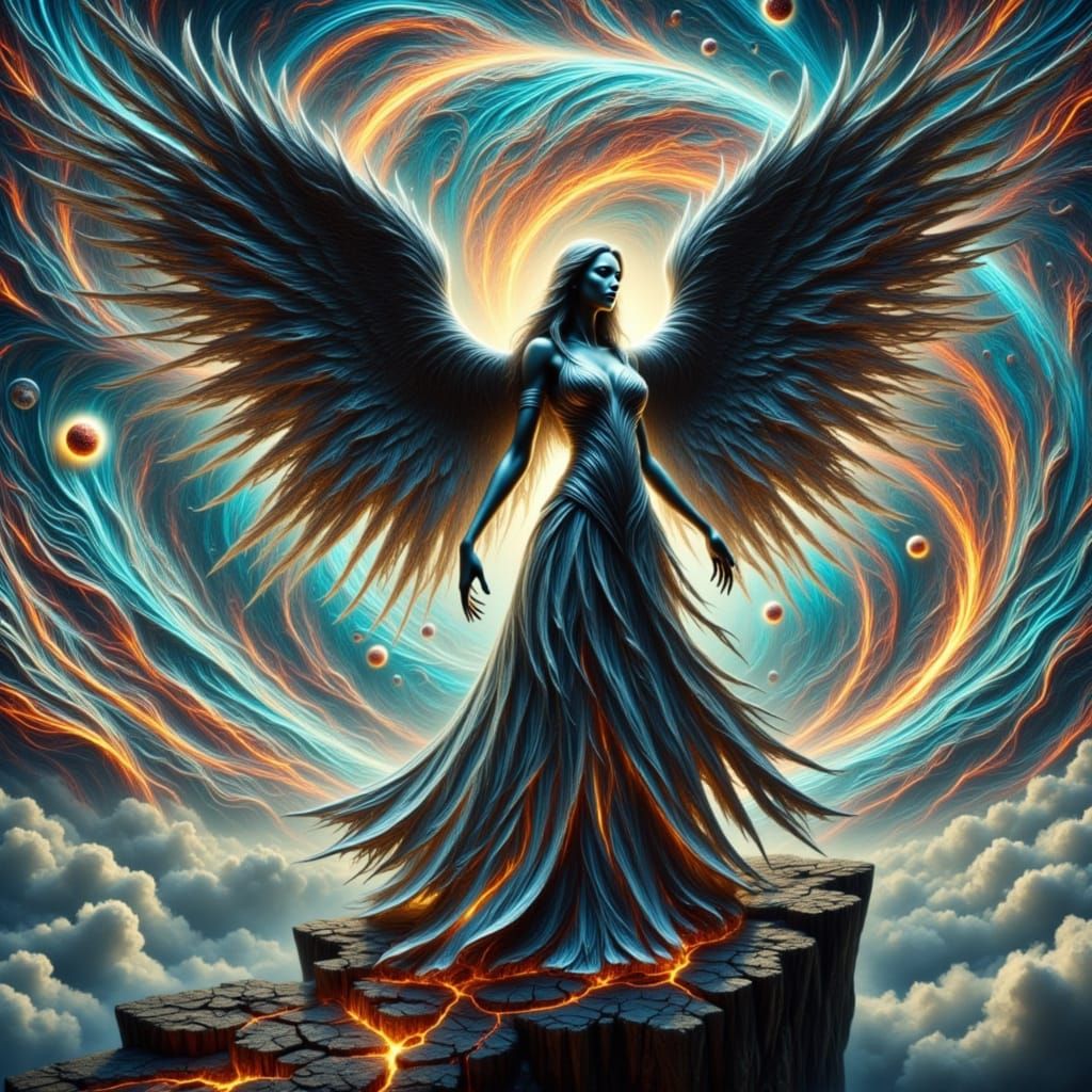 Dark Angel Standing on a Cliff in Whirling Swirls