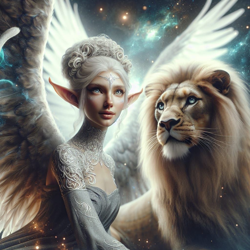 Elven Sphinx Warrior with Majestic Lion Companion