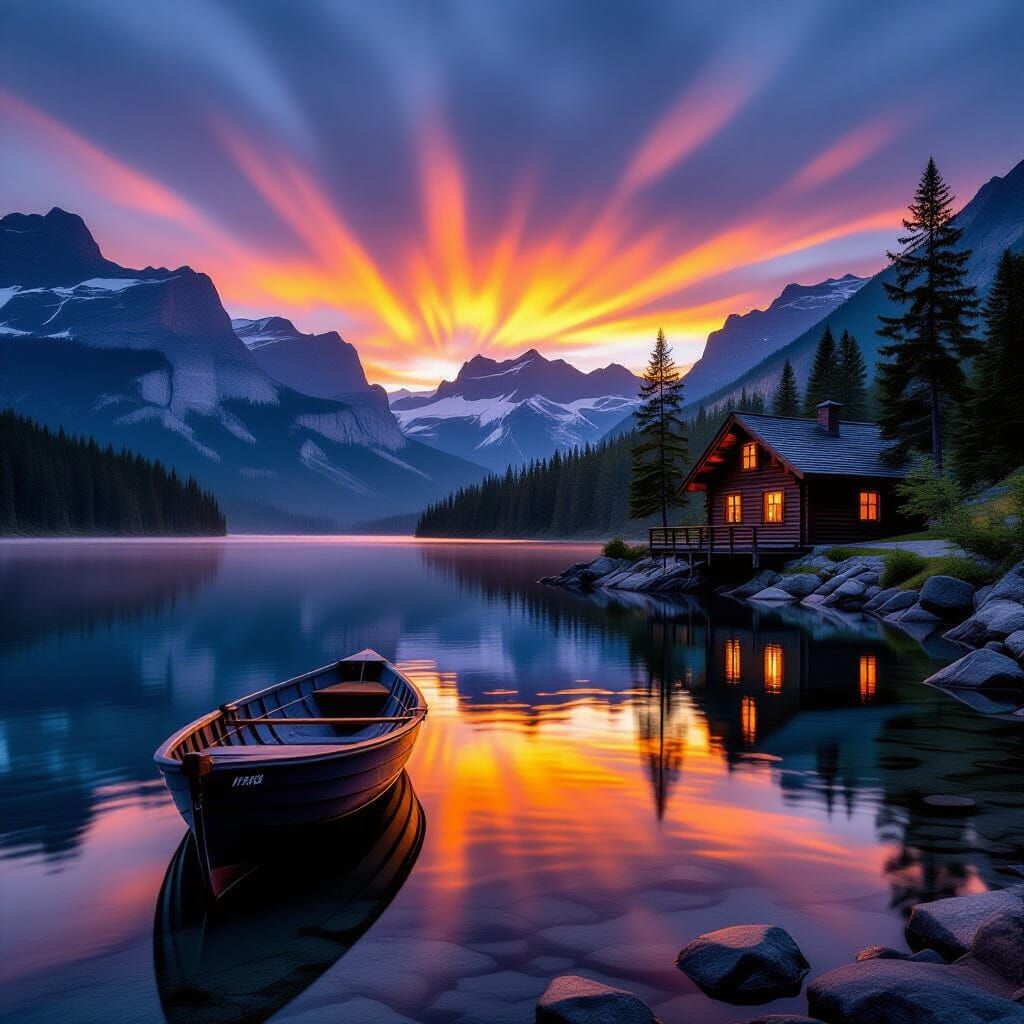 Alpine Lake Sunset with Rowboat and Cabin