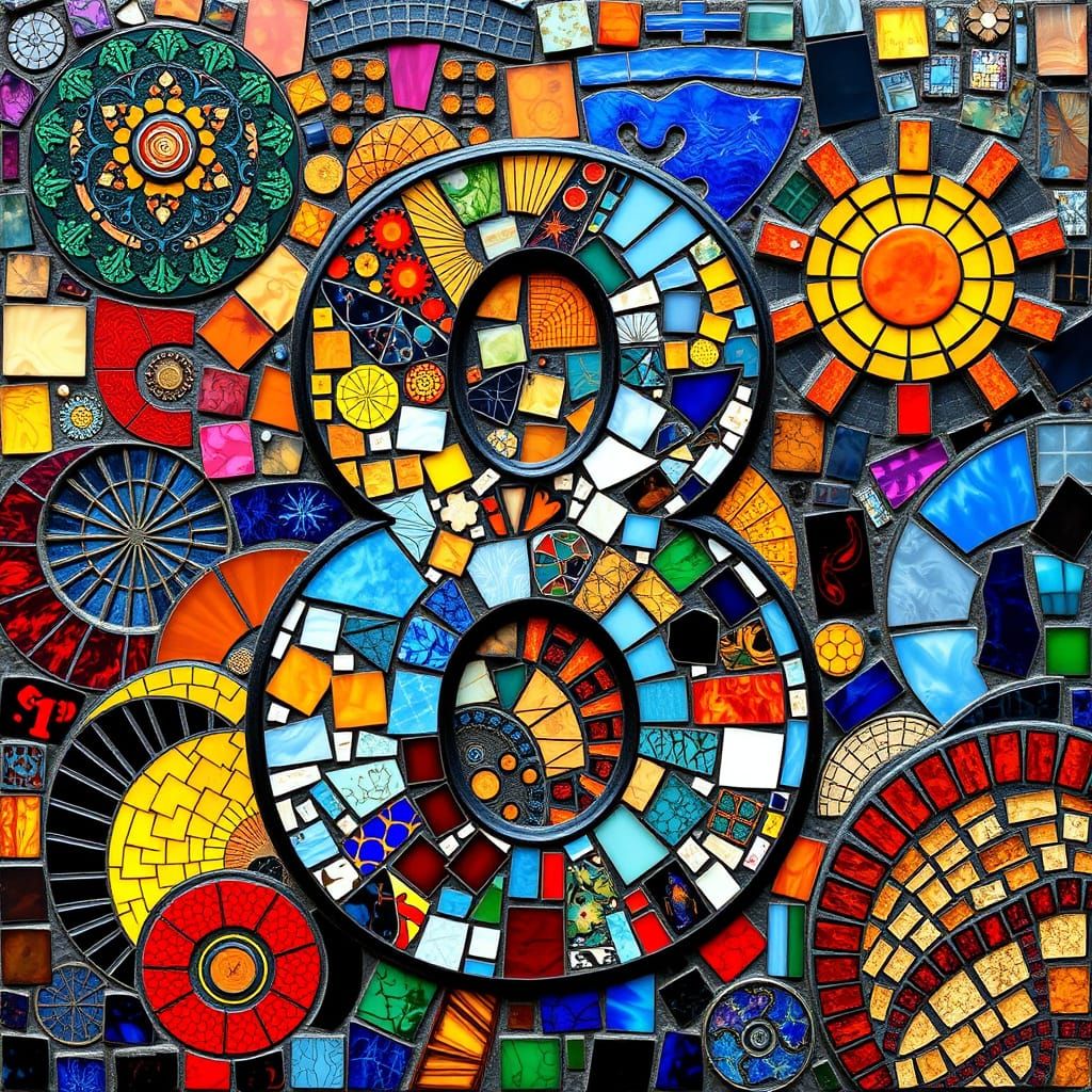 Eclectic Mosaic Artwork Featuring Vibrant, Geometric Numeral...