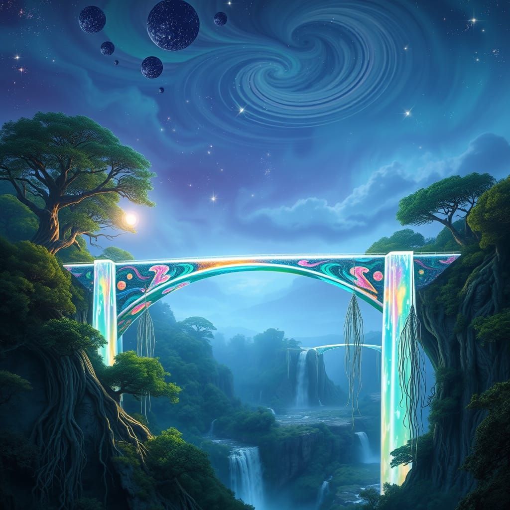 Glimmering Energy Bridge Connects Celestial Islands Amidst V...