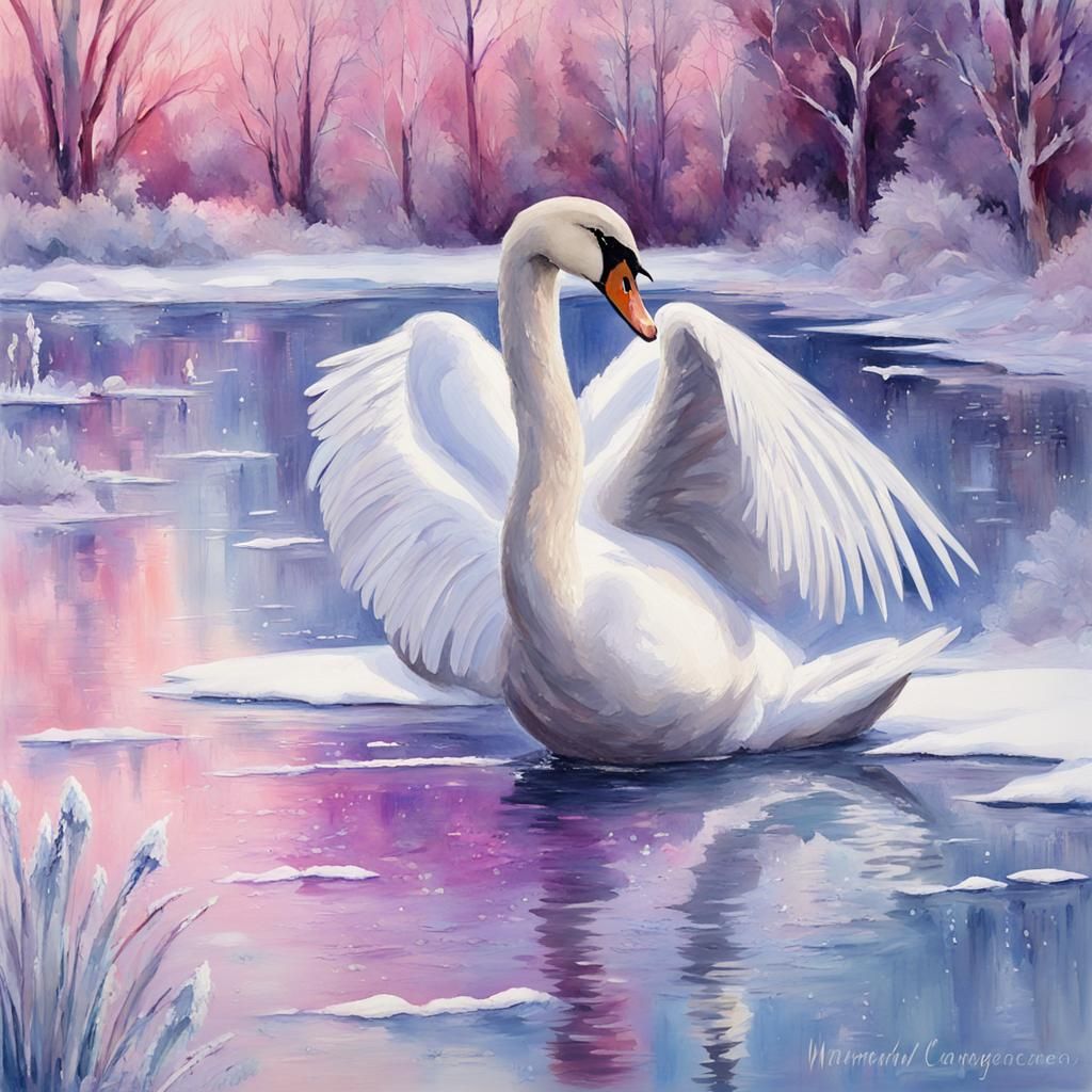 Swan on Frozen Lake in Impressionist Gouache Style