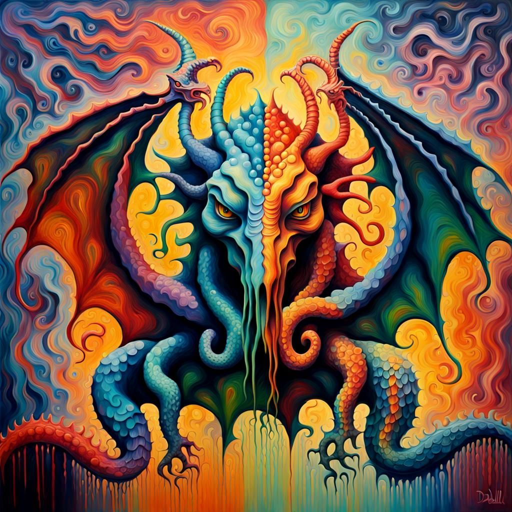 Cthulhu Dragon Ink Blot in Expressionist Oil Style