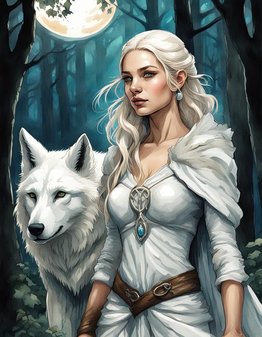 Elf Healer and Wolf in Forest, Watercolor Sketch