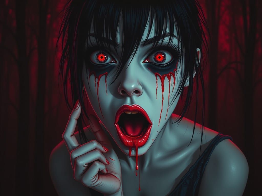 Eerie Woman with Empty Eye Sockets in Junji Ito Style