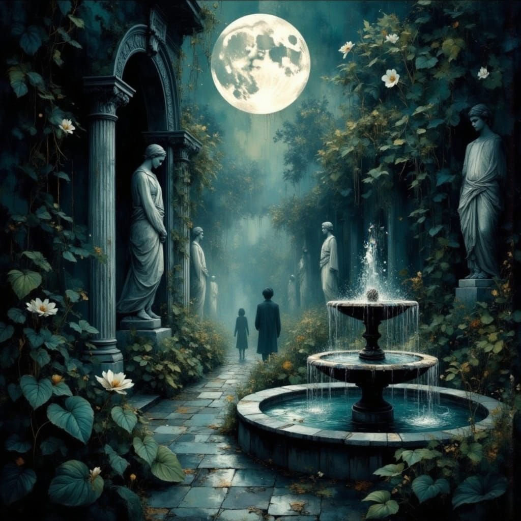 Ink-Black Garden of Whispering Statues in Ethereal Horror