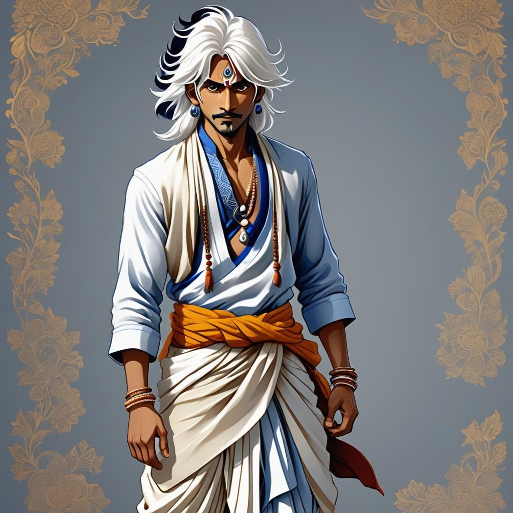 Anime illustration of a mystical white-haired Indian man wea...