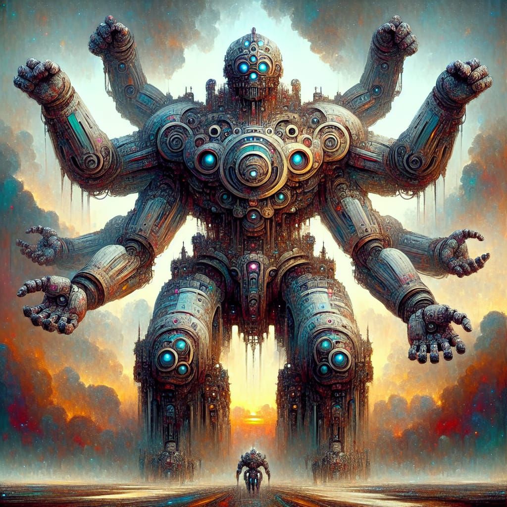 Colossal Four-Armed Robot in Grandiose Matte Painting