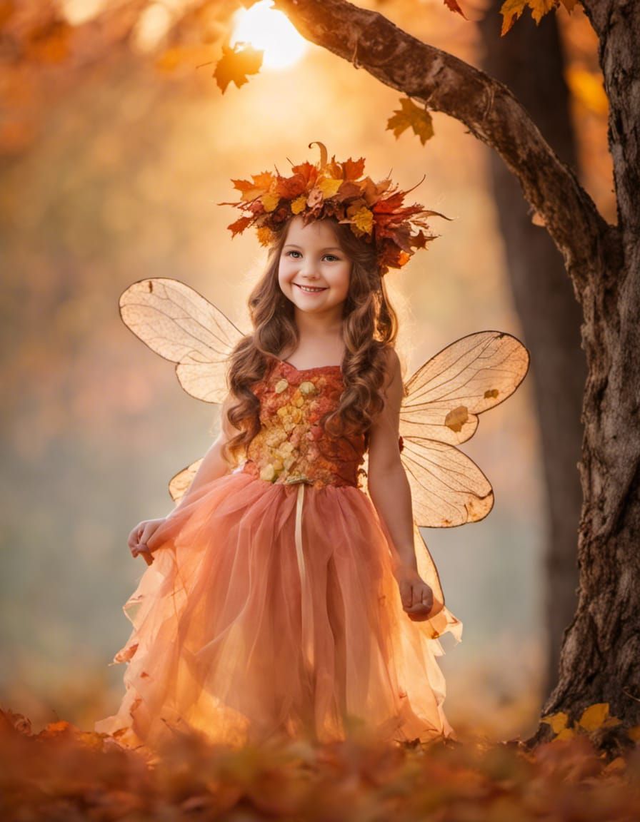 Smiling Autumn Fairy in Sunset Colors